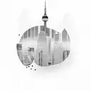 A dotwork tattoo of a gun morphing into the Toronto skyline, representing the client's connection between their passion for guns and their love for their city. tattoo design idea