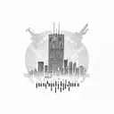 A dotwork tattoo of a gun morphing into the Toronto skyline, representing the client's connection between their passion for guns and their love for their city. tattoo design idea