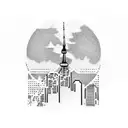 A dotwork tattoo of a gun morphing into the Toronto skyline, representing the client's connection between their passion for guns and their love for their city. tattoo design idea