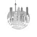 A dotwork tattoo of a gun morphing into the Toronto skyline, representing the client's connection between their passion for guns and their love for their city. tattoo design idea