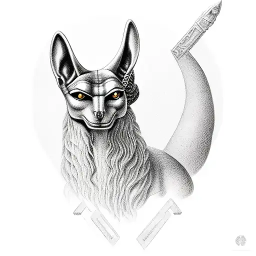 Anubis playing a lyre in a Greek temple tattoo design idea