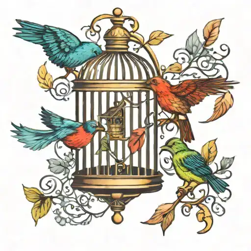 colored bird cage, bird leaving cage, key, free written by bird, other birds around tattoo design idea