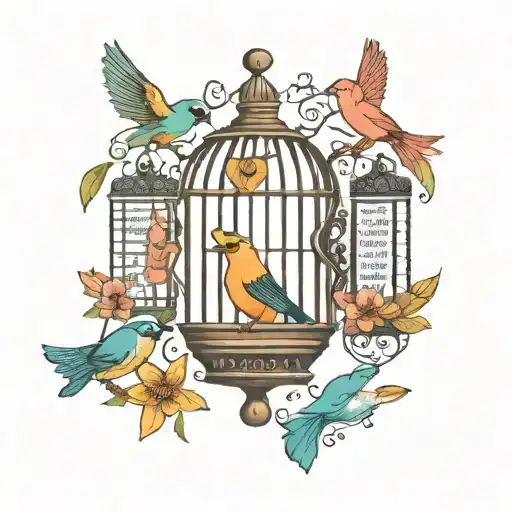 bird cage in colors, bird leaving cage, bird has key, words free written by bird, other birds around tattoo design idea