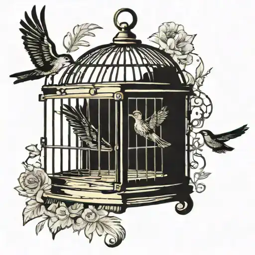 colpred bird cage, bird leaving cage, bird has key, words free written by bird, other birds around tattoo design idea