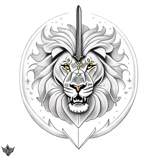 sword, lion, lilly, crescent moon tattoo design idea