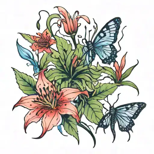 red spider lily flower with centipede and blue spider lily flower with butterflies  tattoo design idea