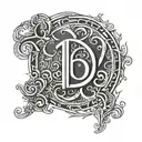 A stylized design incorporating the initials D&W and the numbers 491 with the runic symbol for wealth (Fehu) tattoo design idea