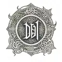 A stylized design incorporating the initials D&W and the numbers 491 with the runic symbol for wealth (Fehu) tattoo design idea