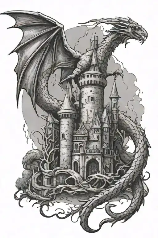 wyvern with castle background and the number 13 incorporated tattoo design idea
