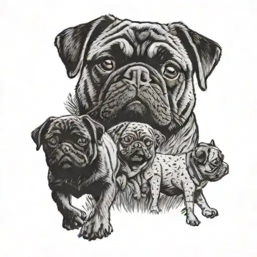 A tattoo of a dad carrying his kids on a hiking trail with a black pug following behind in a dotwork style tattoo design idea