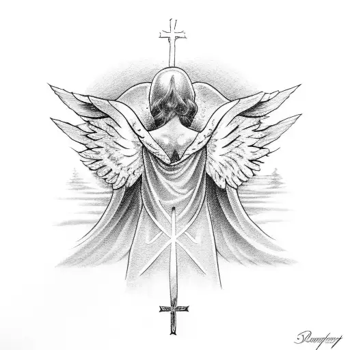 cross with angel wings tattoo design idea