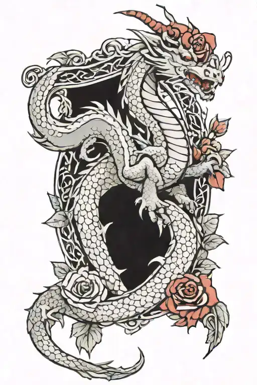 Medieval dragon with red roses and Celtic trachet in the middle tattoo design idea