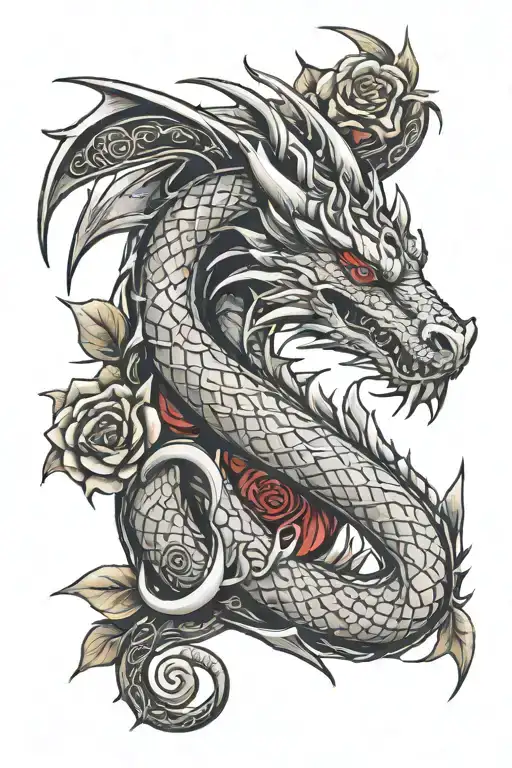 Medieval dragon with red roses and Celtic trachet tattoo design idea