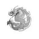 Combine the Elden Ring logo with a dragon in a surrealistic Japanese style tattoo design idea