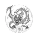 Combine the Elden Ring logo with a dragon in a surrealistic Japanese style tattoo design idea