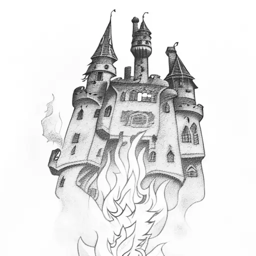 A medieval castle engulfed in flames with a witch flying overhead tattoo design idea