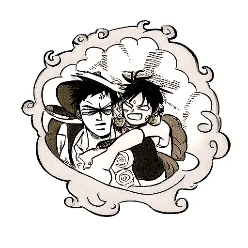 A traditional style tattoo showcasing Roanoa Zoro and Monkey D. Luffy engaged in an epic battle, surrounded by skulls and roses tattoo design idea