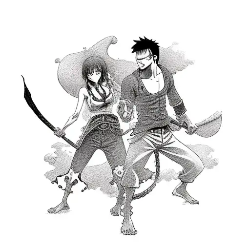A dynamic and action-packed scene featuring Roanoa Zoro and Monkey D. Luffy engaged in a fierce battle tattoo design idea