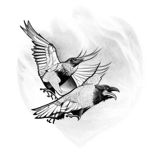2 ravens flying into the web of wyrd  tattoo design idea