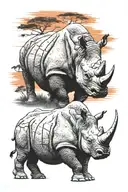 charging rhino in front of orange red dramatic sundown in African savannah tattoo design idea