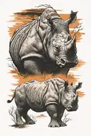charging rhino in front of orange red dramatic sundown in African savannah tattoo design idea