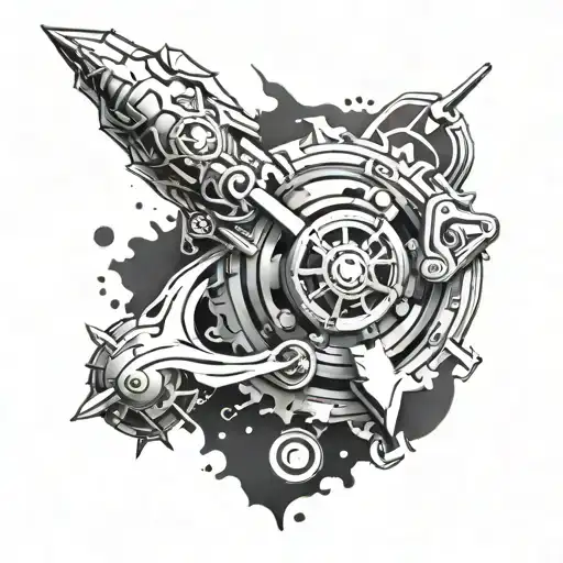A Peça-themed sleeve tattoo incorporating elements from anime and Beyblade tattoo design idea