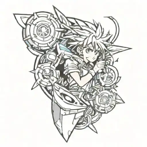 A Peça-themed sleeve tattoo incorporating elements from anime and Beyblade tattoo design idea