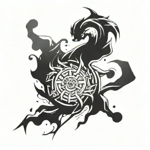 A Peça-themed sleeve tattoo incorporating elements from anime and Beyblade tattoo design idea