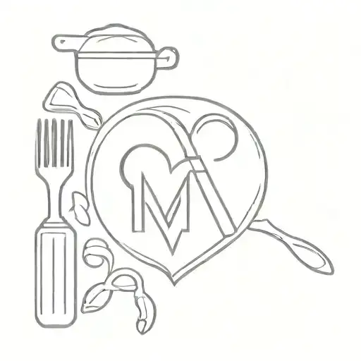 A minimalist tattoo of a kitchen utensil heart with your kids' initials inside, showcasing your passion for cooking and baking for your family tattoo design idea