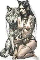 nude goth slave girl on her knees chained huge wolf with long ears tattoo design idea