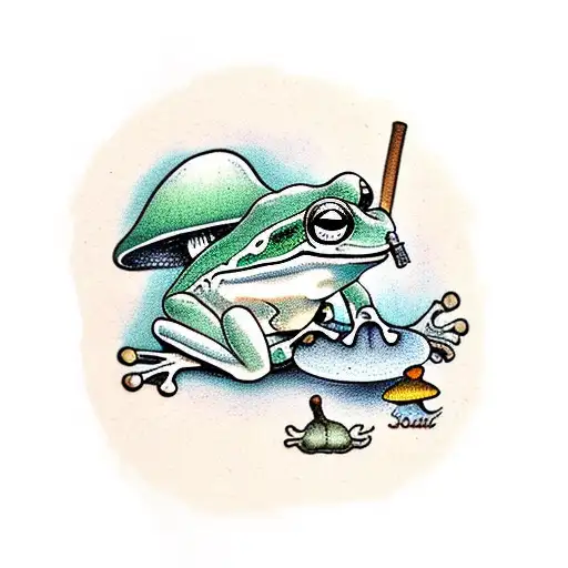 a frog sitting on a mushroom smoking tattoo design idea
