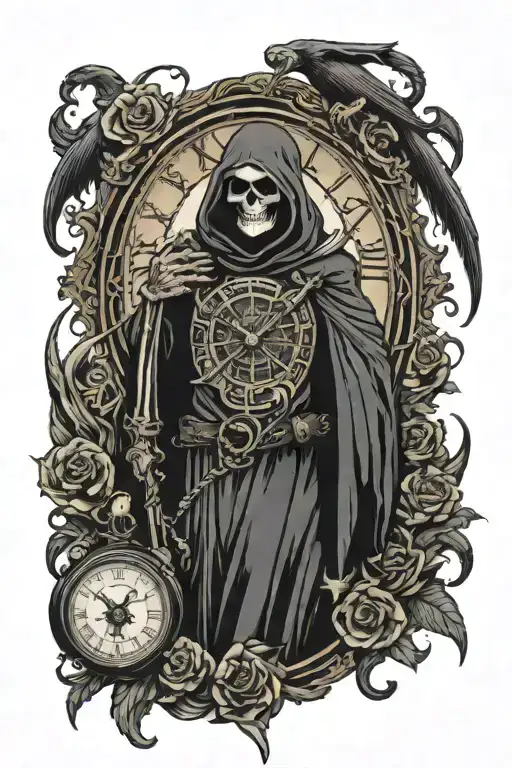 grim reaper clock surrounded tattoo design idea