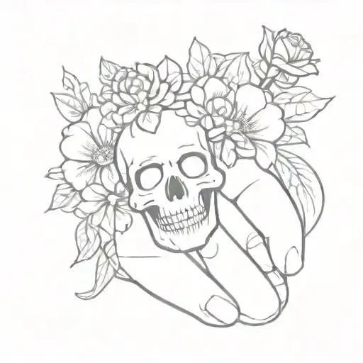 finger ring surrounded with flowers and top with cute skull tattoo design idea