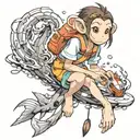 girl monkey fishing tattoo design idea