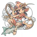 girl monkey fishing tattoo design idea