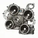 A tattoo design of a vintage film camera surrounded by musical notes and symbols, representing your passion for movies, series, and music tattoo design idea