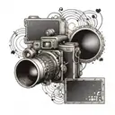 A tattoo design of a vintage film camera surrounded by musical notes and symbols, representing your passion for movies, series, and music tattoo design idea