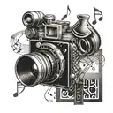 A tattoo design of a vintage film camera surrounded by musical notes and symbols, representing your passion for movies, series, and music tattoo design idea