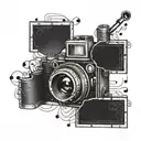 A tattoo design of a vintage film camera surrounded by musical notes and symbols, representing your passion for movies, series, and music tattoo design idea