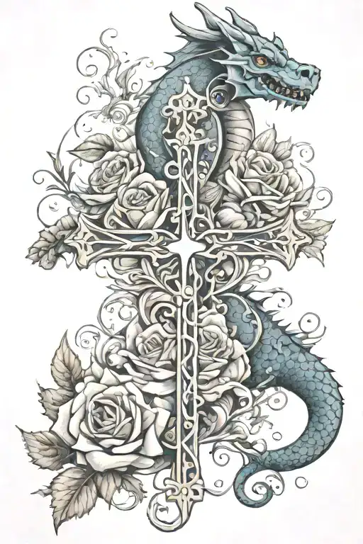 family in cursive and hearts with smoke a cross and roses with dragon tattoo design idea