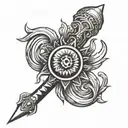 trident, mace, vishnu chakra, tattoo design idea