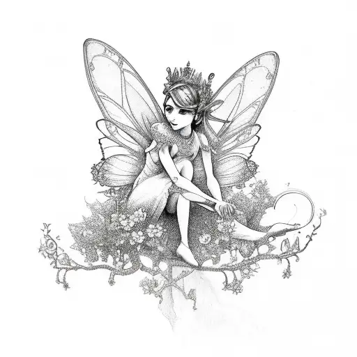 A whimsical fairy sitting on a delicate flower in a fine line style tattoo design idea