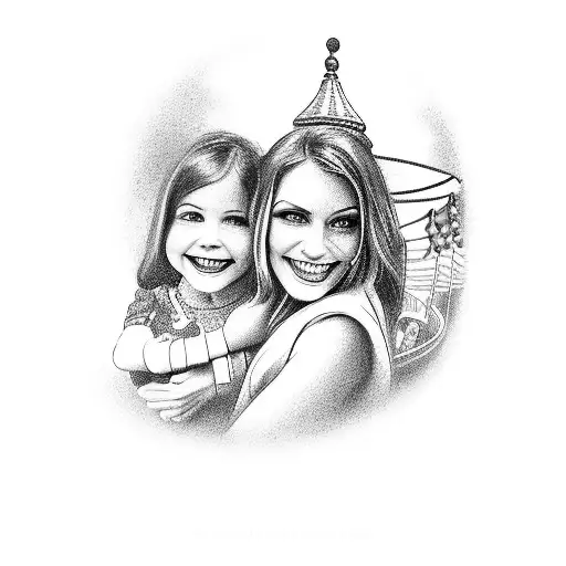 A detailed illustration of a mother and daughter enjoying a carousel ride in a carnival. tattoo design idea