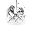 A detailed illustration of a mother and daughter enjoying a carousel ride in a carnival. tattoo design idea