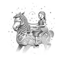 A detailed illustration of a mother and daughter enjoying a carousel ride in a carnival. tattoo design idea