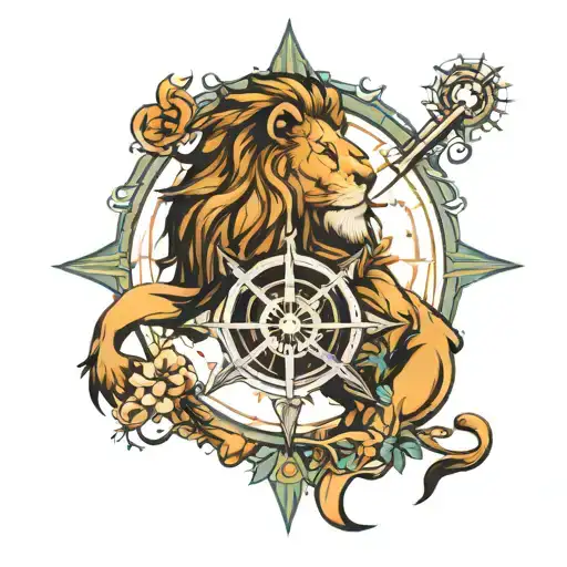 lion and compass rose tattoo design idea
