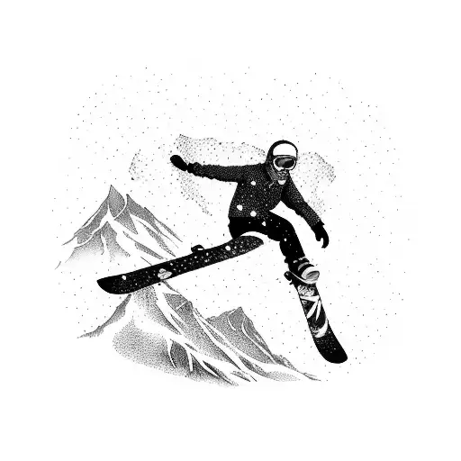 A snowboarder jumping off a mountain peak tattoo design idea