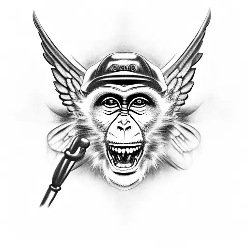 monkey with mechanics wrench and angel wings tattoo design idea