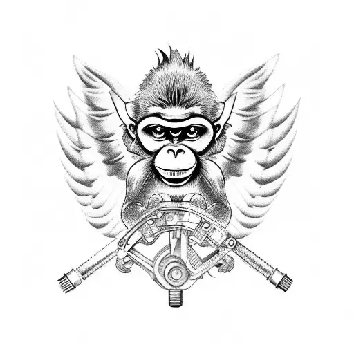 monkey with mechanics wrench and angel wings tattoo design idea