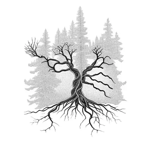 Ponderosa pine in the center, roots transforming into viens as they move out, one vien transforms into circuitry. tattoo design idea